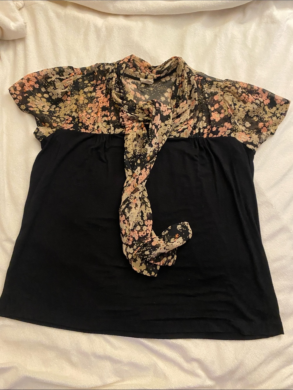 Tiny Black Floral Tie-Neck Blouse